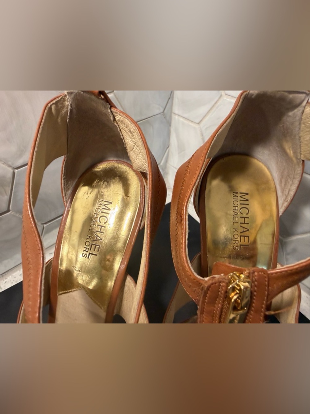 Michael Kors Berkley Platform Sandals Tan Leather Sz 10 Zipper Stiletto Heels - Picture 7 of 16